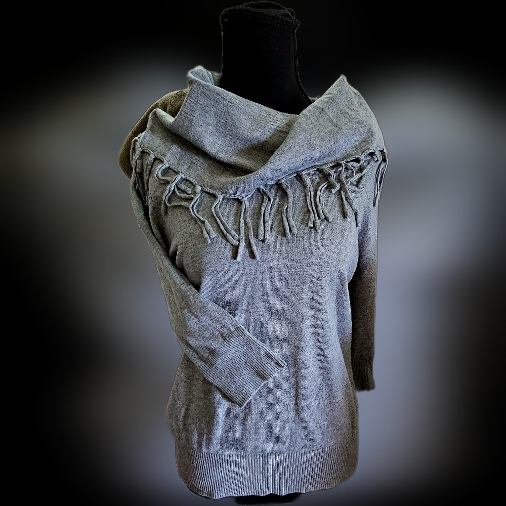 Kim Rogers Heather Gray Boho Fringe Cowlneck Sweater Petite PM 3/4 Sleeves